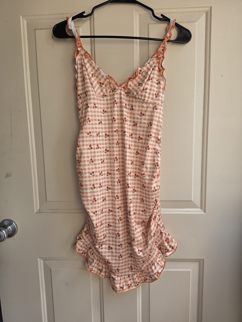 Women's Peach Gingham Cherry Slip Dress